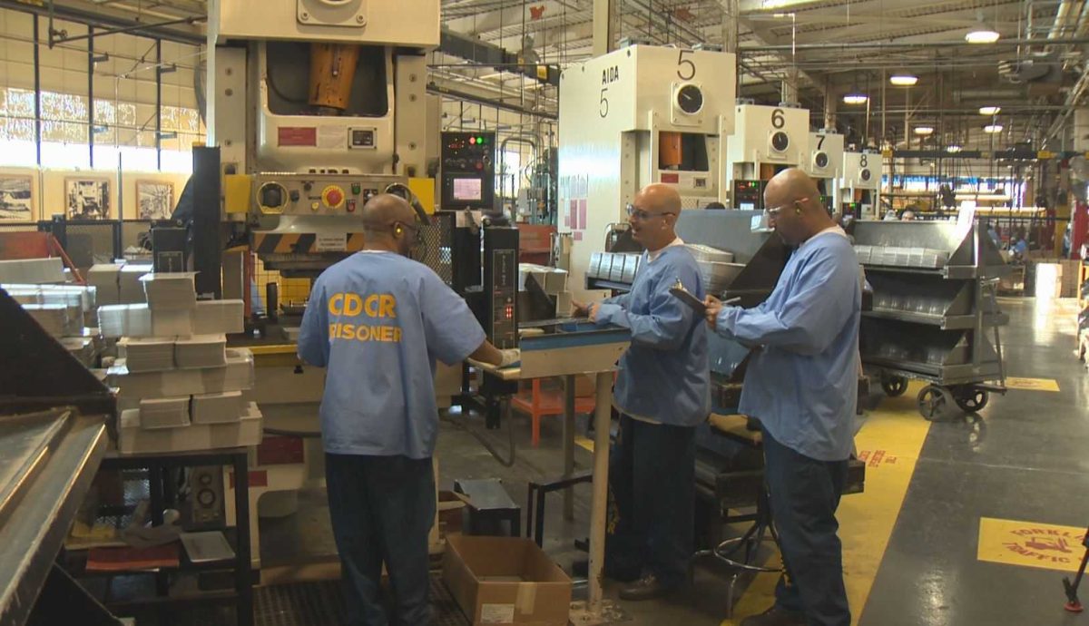 Over 120 employees work for the inmate workforce at the California Prison Industry Authority's license plate factory.